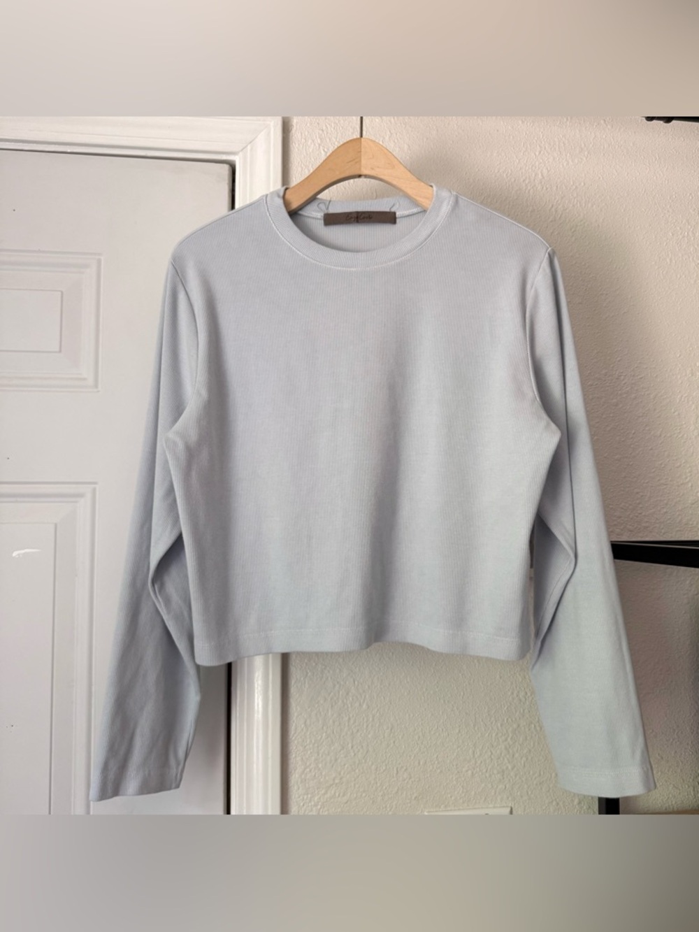 ENZA COSTA light baby blue dusty rib ribbed chunky knit boxy crew neck top shirt